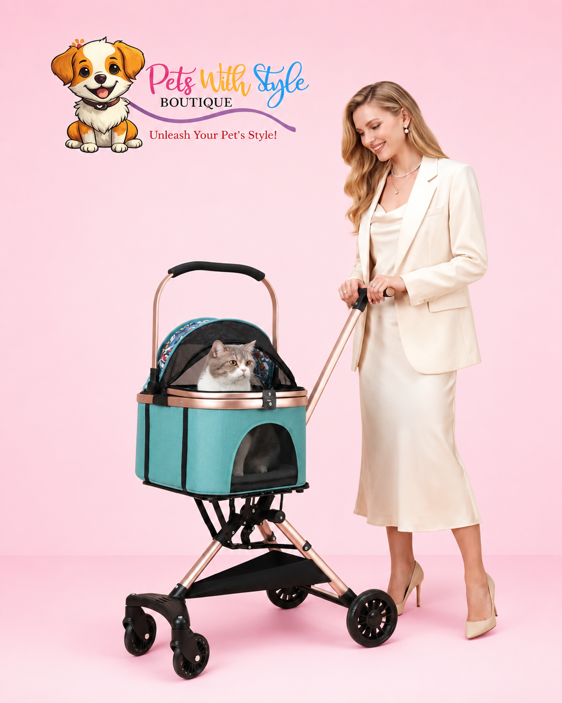 Rose Gold Lüks Kedi Köpek Arabası - Ayrılabilir Kabinli Katlanabilir Pet Puset Mavi Desenli
