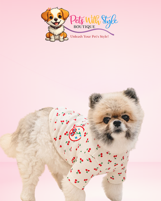 Olchi Cherry T-Shirt Köpek Kıyafeti – Kiraz Tasarımlı Fildışi Evcil Hayvan T-Shirt