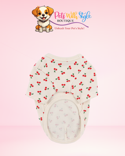 Olchi Cherry T-Shirt Köpek Kıyafeti – Kiraz Tasarımlı Fildışi Evcil Hayvan T-Shirt