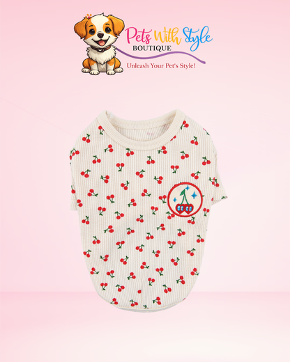 Olchi Cherry T-Shirt Köpek Kıyafeti – Kiraz Tasarımlı Fildışi Evcil Hayvan T-Shirt