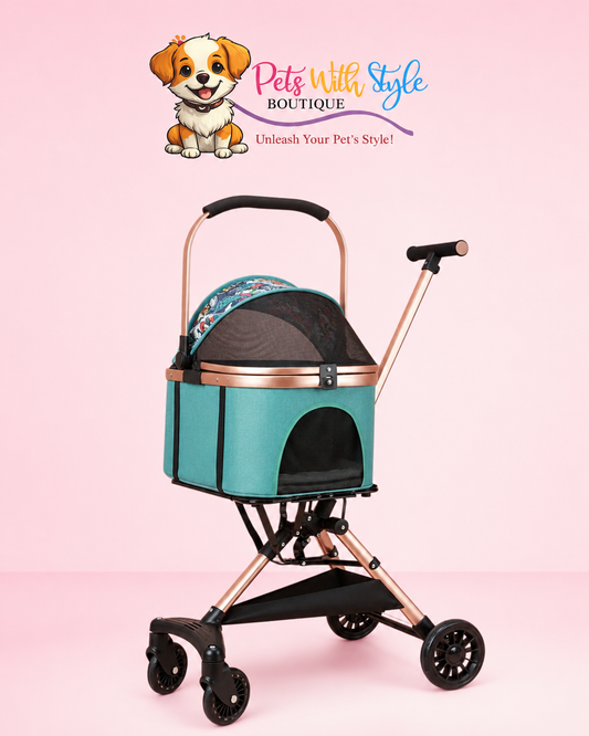 Rose Gold Lüks Kedi Köpek Arabası - Ayrılabilir Kabinli Katlanabilir Pet Puset Mavi Desenli