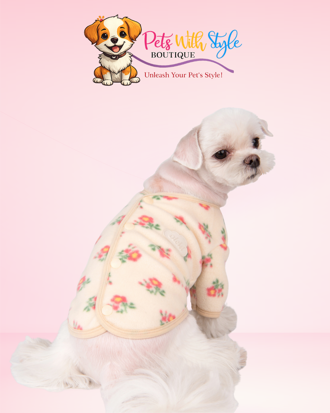 Olchi Flower Button Köpek Kıyafeti – Çiçekli Düğmeli Evcil Hayvan Kıyafeti